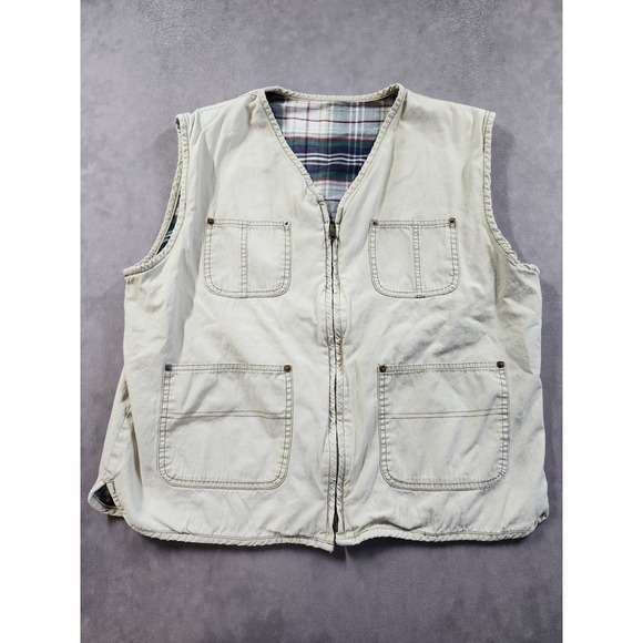 L.L. Bean Other - Vintage 90s L.L. Bean Reversible Vest XL Beige Plaid Outdoor Pockets Mens XL